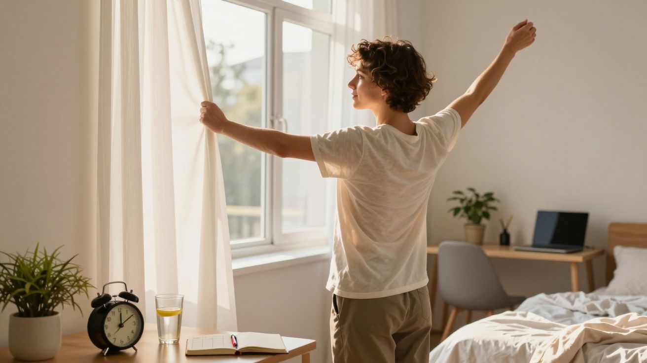 Pessoa abrindo a cortina em quarto iluminado pela manhã com mesa, relógio e laptop ao fundo.