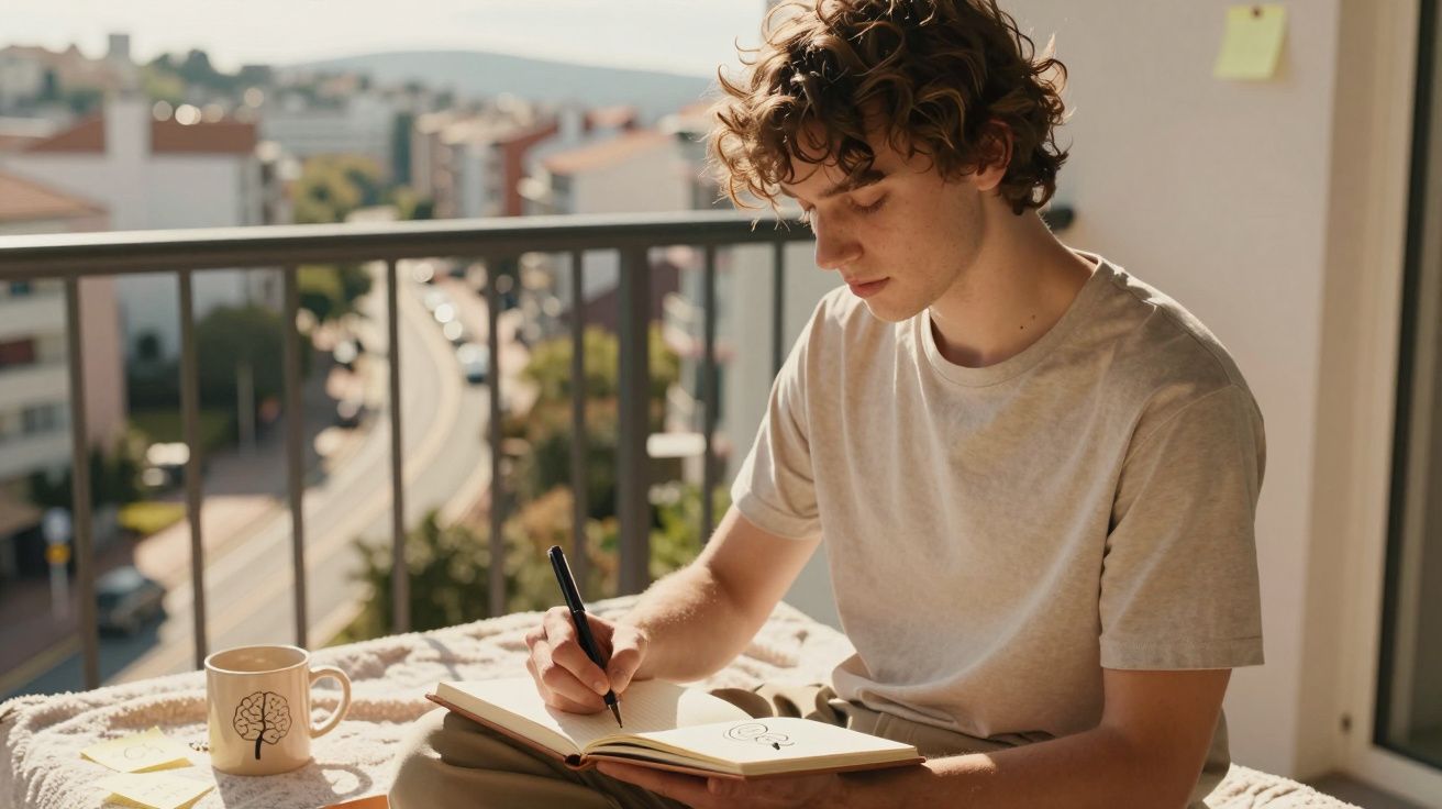 Jovem sentado em varanda escrevendo em caderno com caneca ao lado em dia ensolarado.