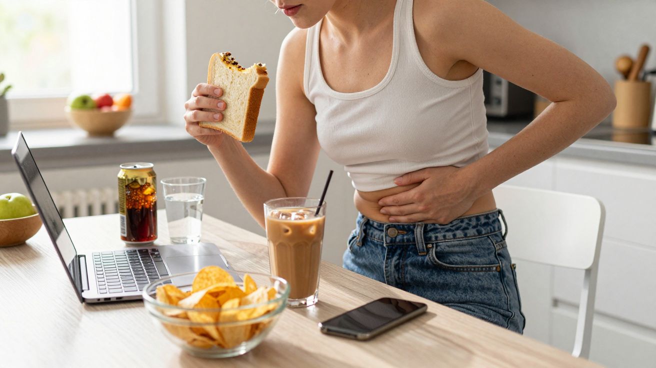 Pessoa sentada com dor abdominal enquanto segura um sanduíche em uma cozinha com alimentos sobre a mesa.