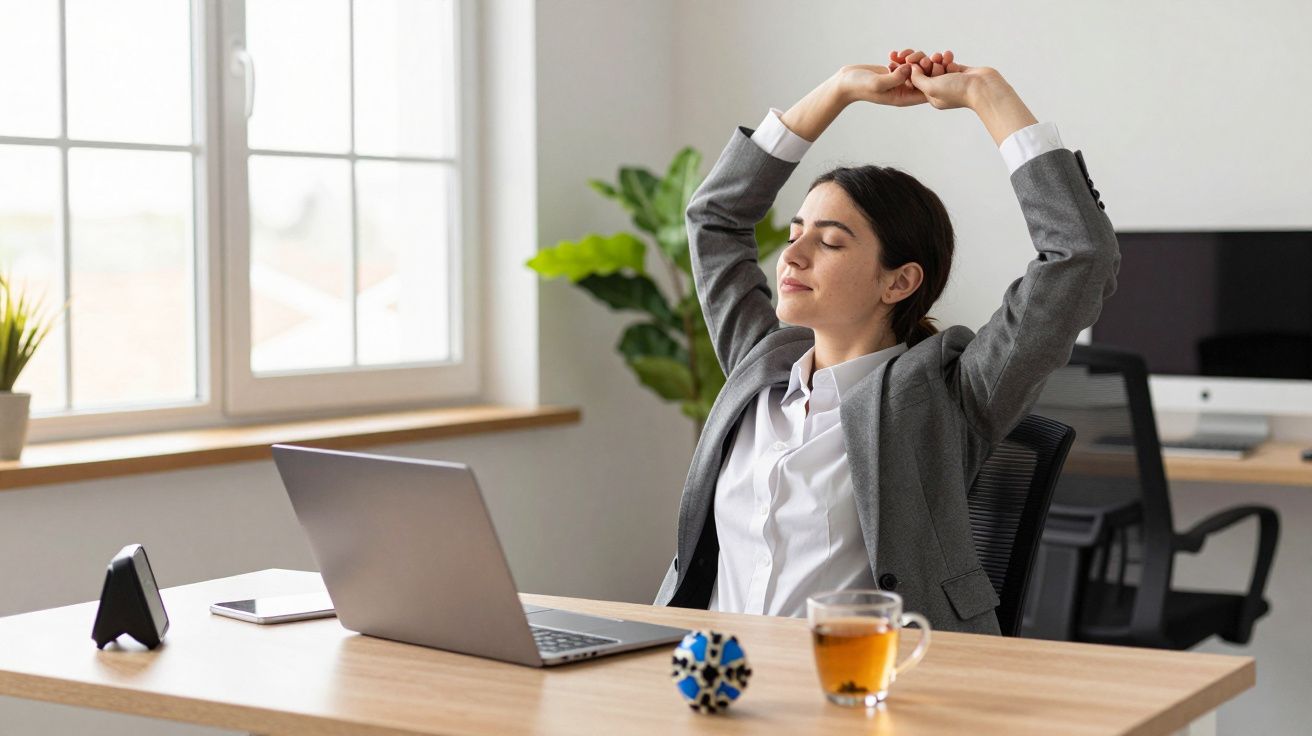 Mulher de blazer cinza estica os braços sentada à mesa de escritório com laptop e xícara de chá.