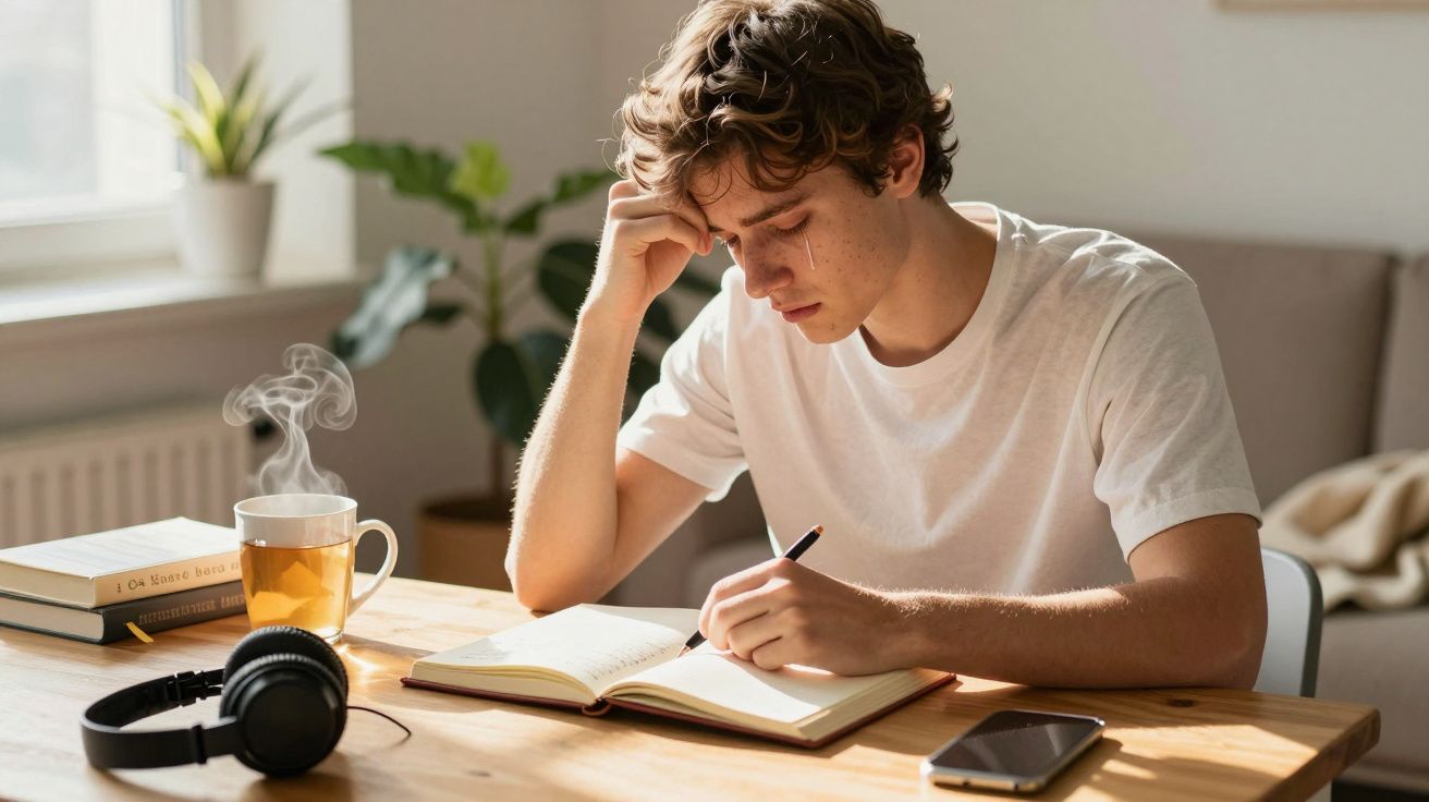 Jovem concentrado estudando com caderno, caneta, fones, celular, livros e chá quente em mesa de madeira.