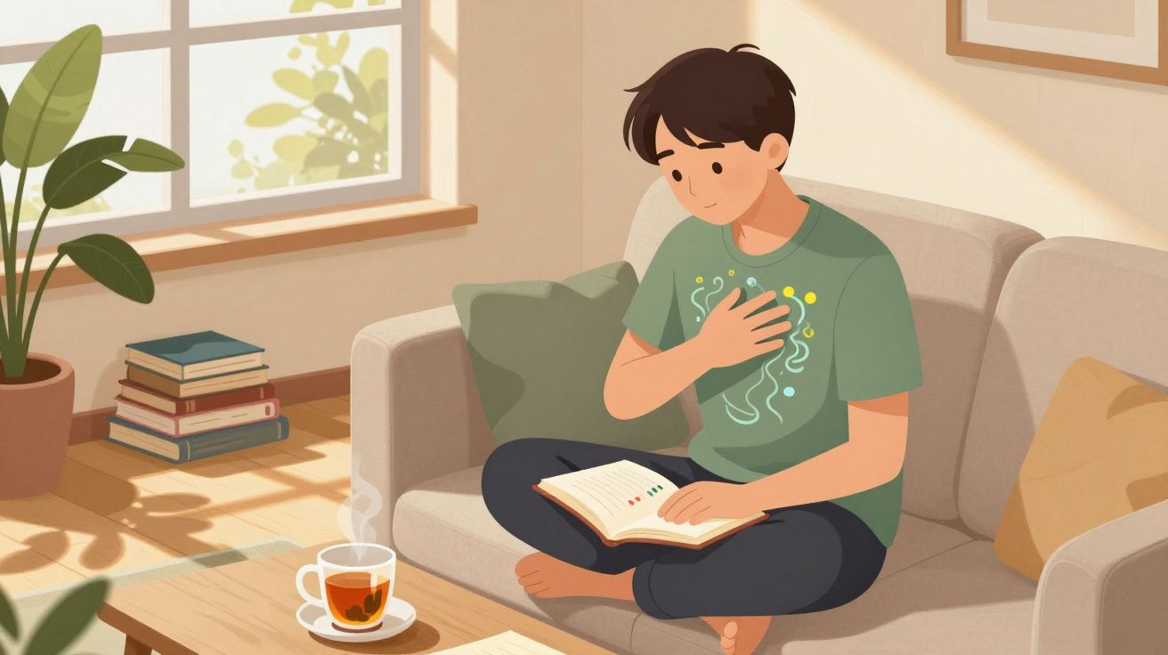 Pessoa sentada no sofá lendo livro, com uma xícara de chá na mesa e planta ao lado.