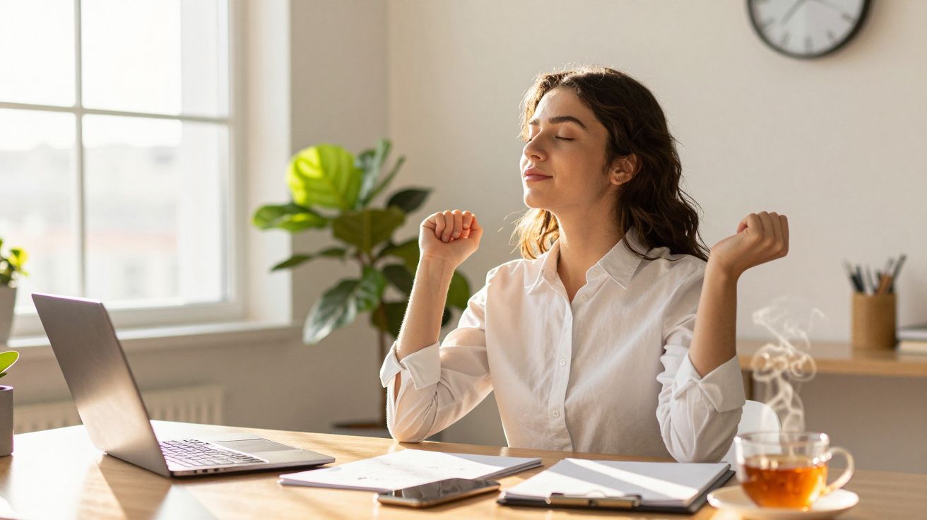 Mulher sentada à mesa de trabalho, esticando os braços e respirando fundo, com xícara de chá ao lado.