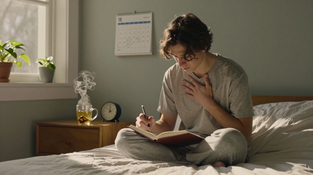 Jovem sentado na cama escrevendo em um caderno, ao lado mesa com xícara de chá quente e relógio.