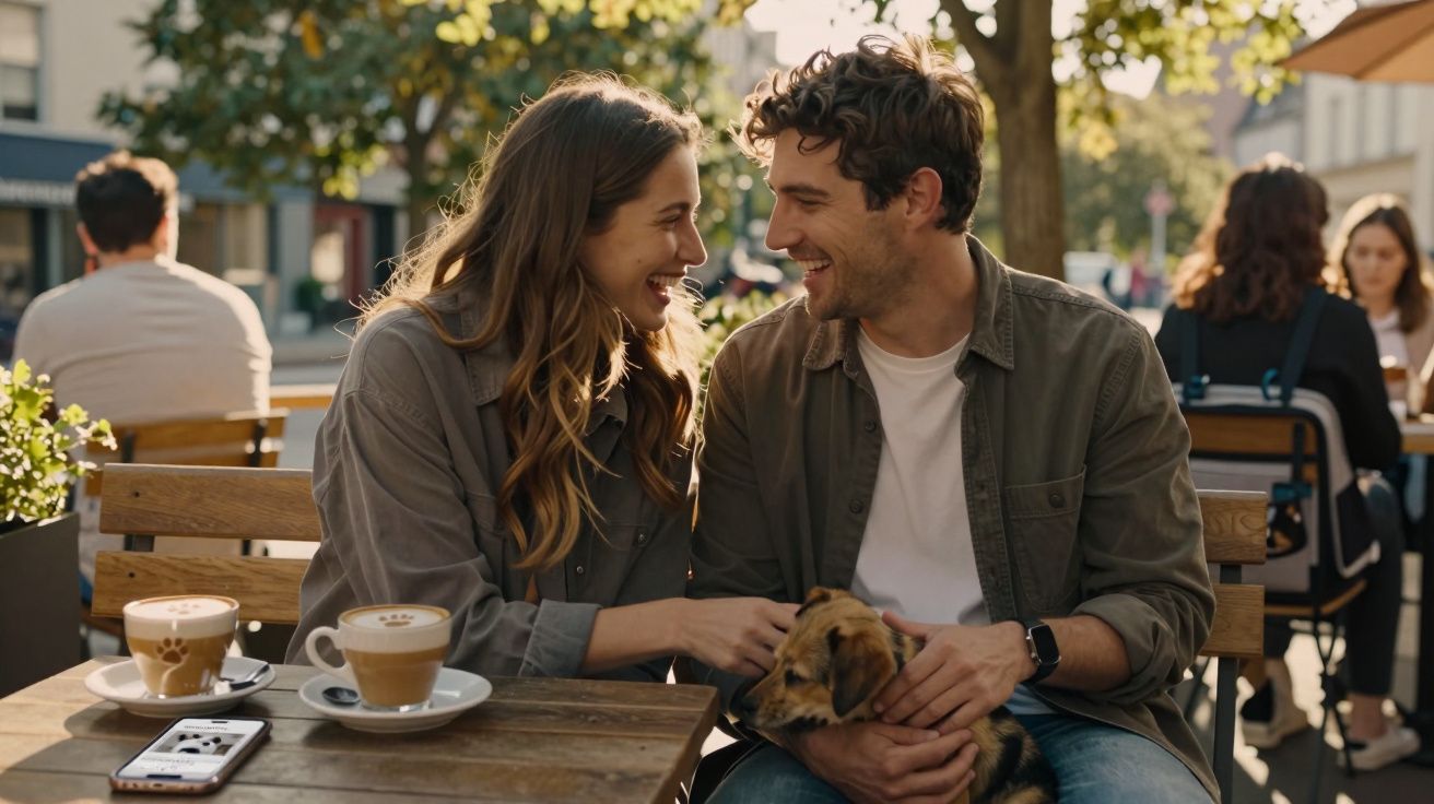 Casal sorrindo sentado em um café ao ar livre com cachorro no colo e duas xícaras de café na mesa.