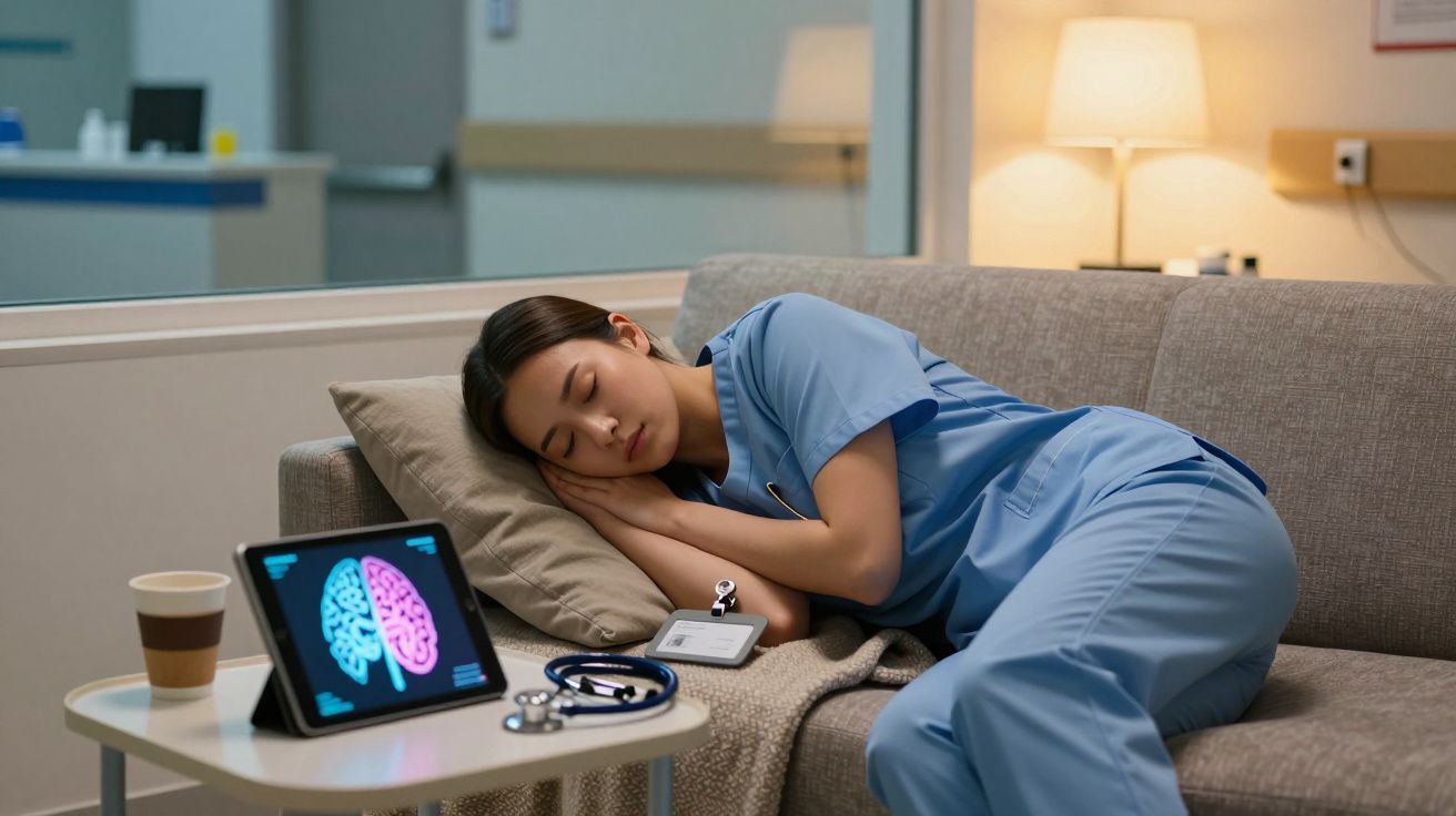 Profissional de saúde vestindo uniforme azul descansando no sofá ao lado de tablet com imagem cerebral.