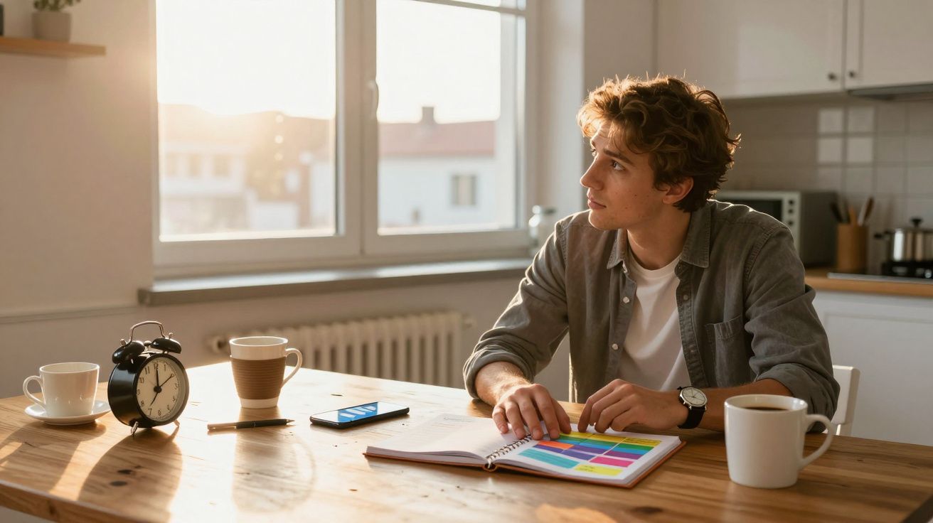 Jovem sentado à mesa com agenda colorida, café e relógio, olhando pela janela ao amanhecer.