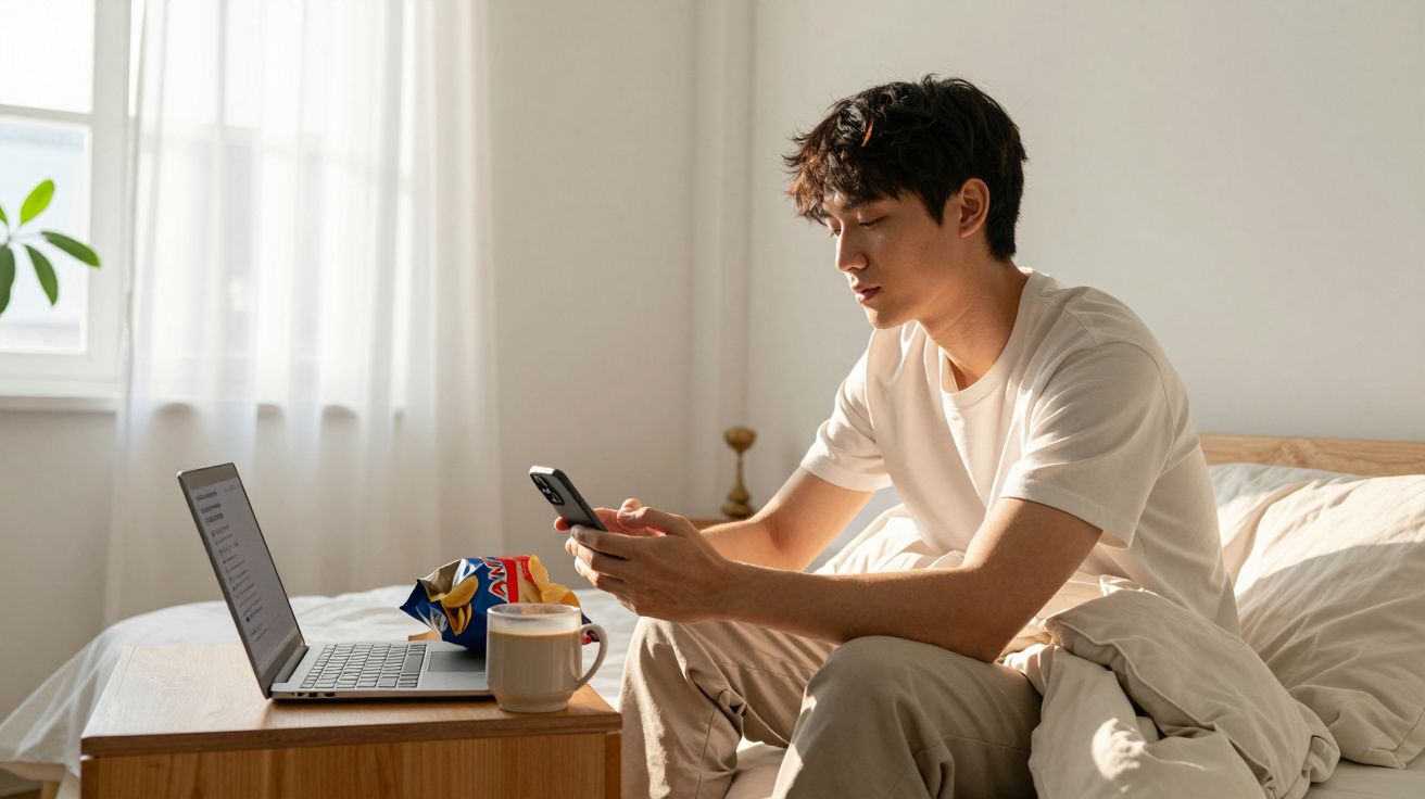 Jovem sentado na cama usando celular, com notebook e lanche em mesinha ao lado em ambiente iluminado.