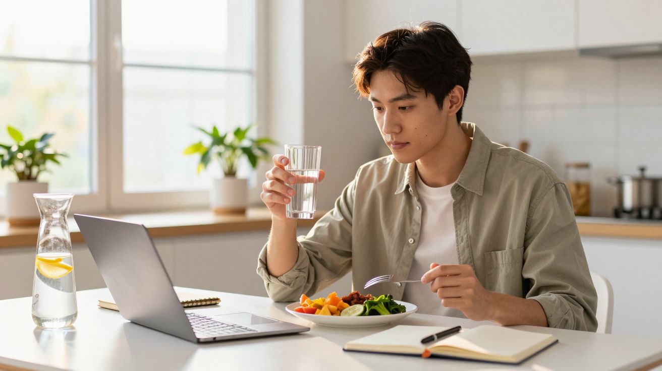 Jovem sentado à mesa, comendo salada e bebendo água enquanto usa um laptop na cozinha iluminada.