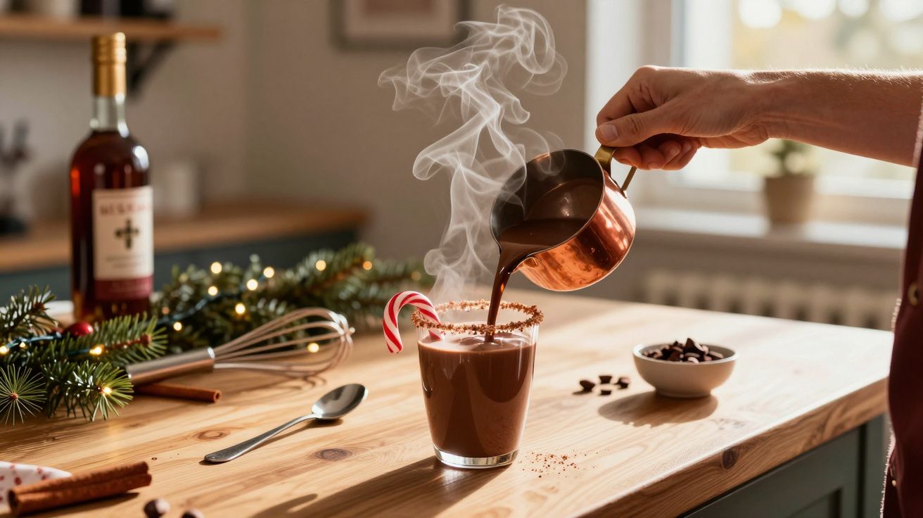 Mão derramando chocolate quente em copo com borda decorada e bengala doce em mesa de madeira clara.