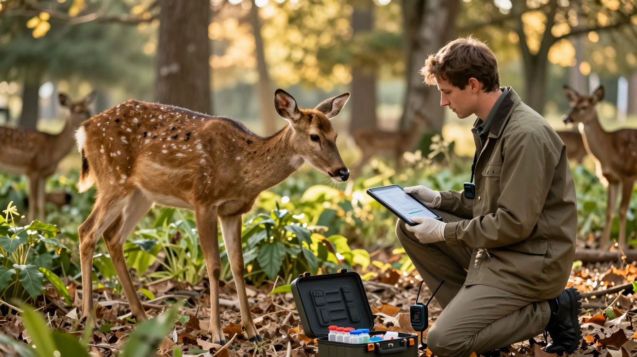 Pesquisador em campo examina veado selvagem enquanto registra dados em tablet em floresta durante o dia.