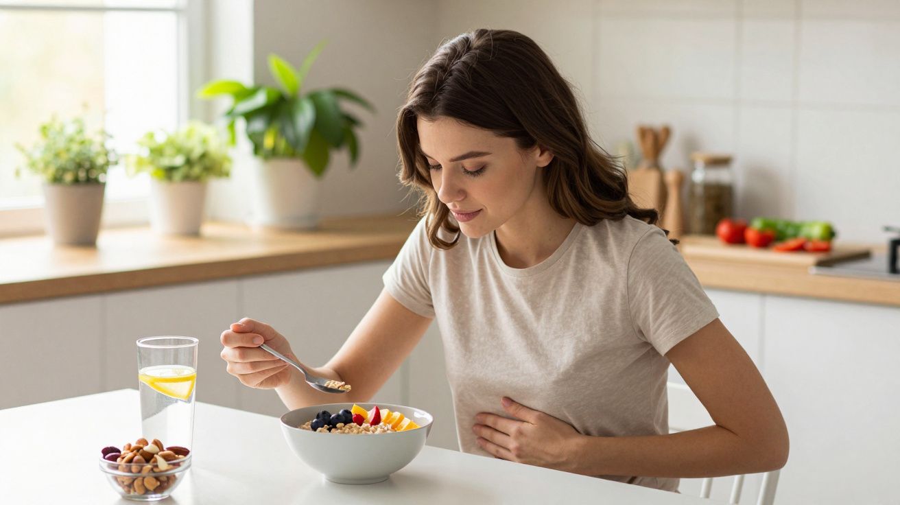 Mulher comendo tigela de frutas e granola na cozinha, com vidro de água e castanhas na mesa.
