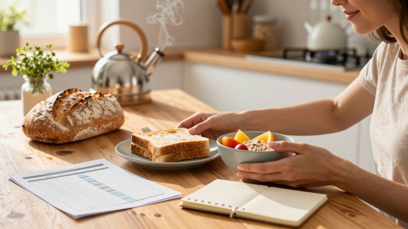 Pessoa segurando tigela de frutas e granola em mesa com caderno, pão, torradas e chaleira fumegante.