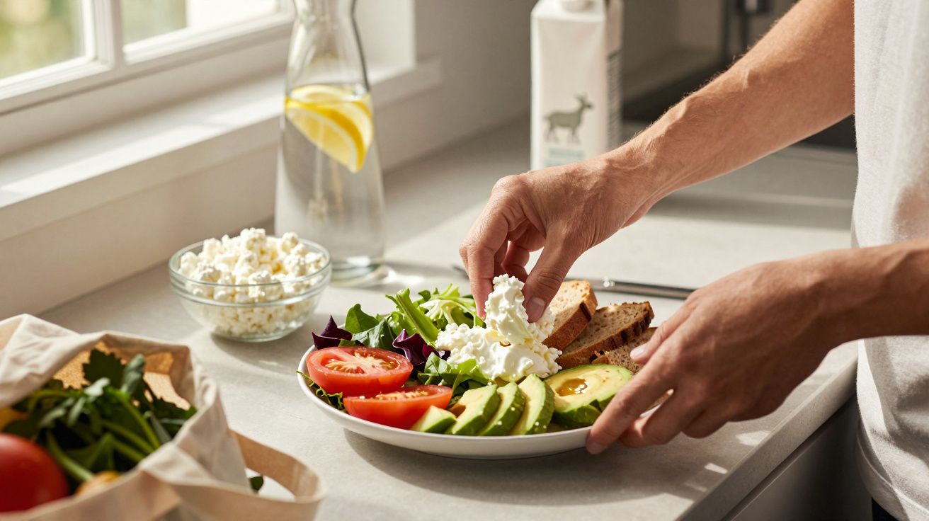 Mãos preparando salada com tomate, abacate, folhas verdes, queijo cottage e fatias de pão sobre bancada.
