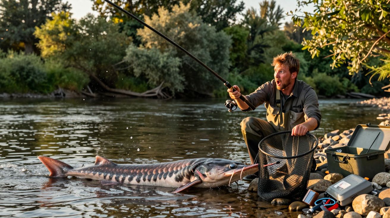 Homem surpreso segura vara de pesca e rede grande ao capturar enorme peixe em rio cercado por árvores.