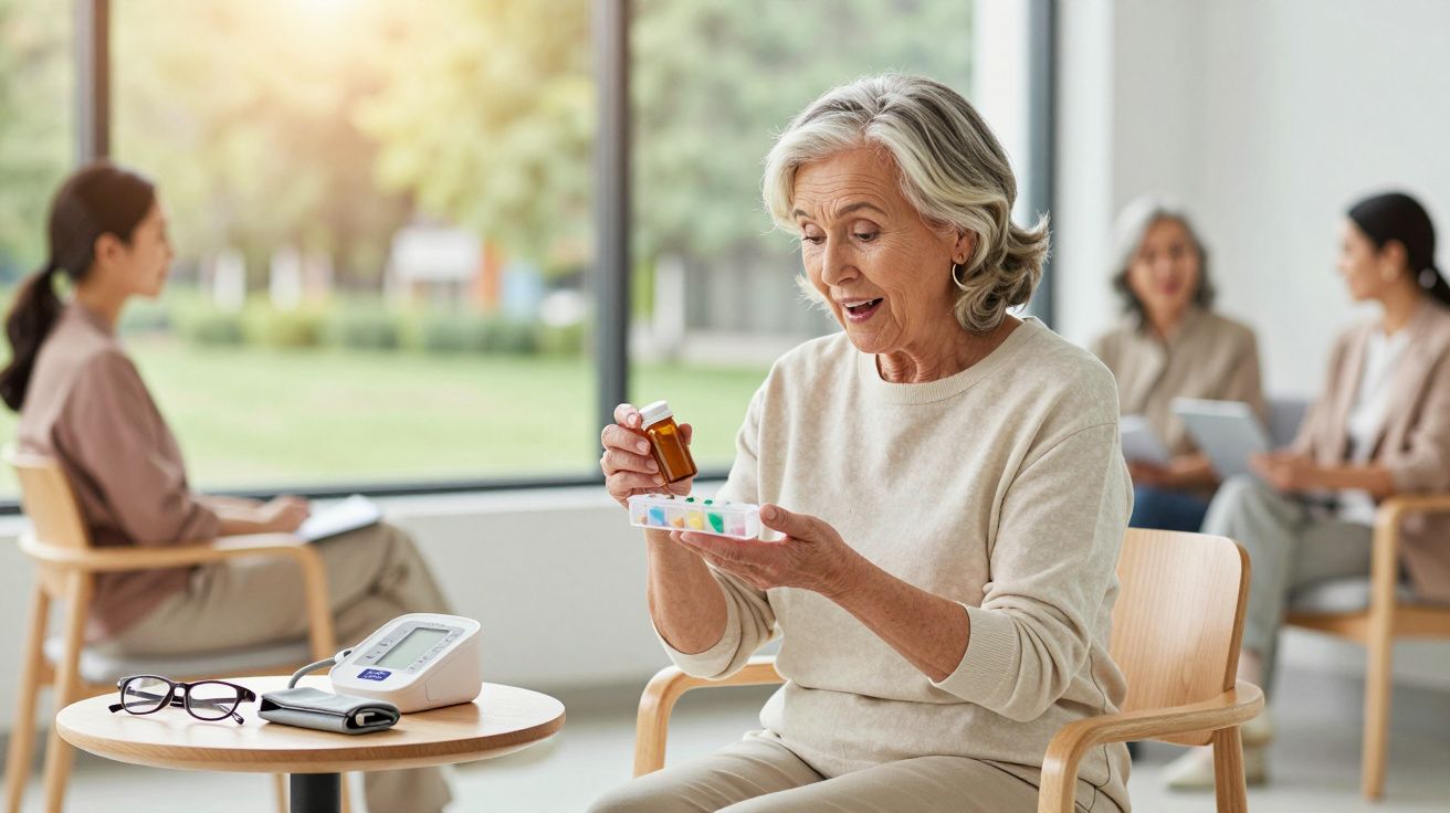 Mulher idosa organizando comprimidos em estojo, sentada em sala de espera com outras pessoas ao fundo.