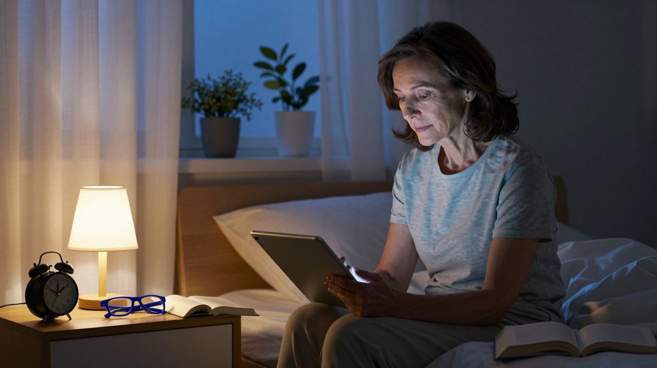 Mulher sentada na cama usando tablet à noite com abajur, relógio e livros ao redor.