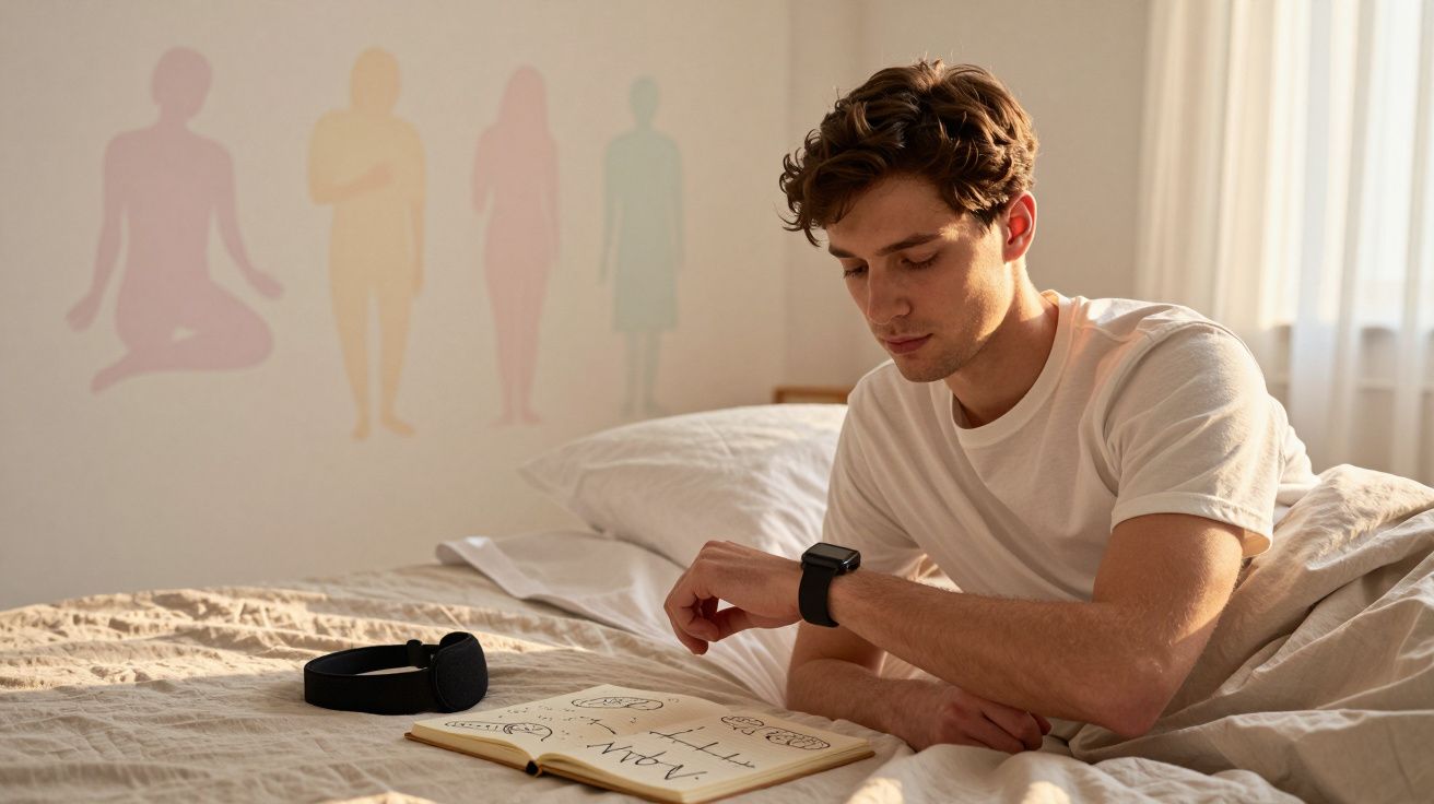 Jovem de camiseta branca deitado na cama olhando para relógio com notebook aberto ao lado e fones.