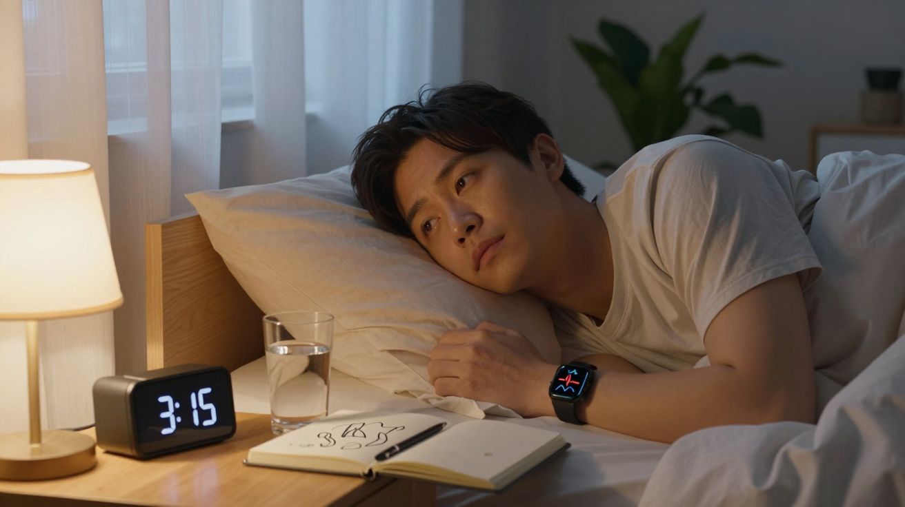 Homem deitado na cama olhando para o relógio digital 3:15 com expressão pensativa à noite.