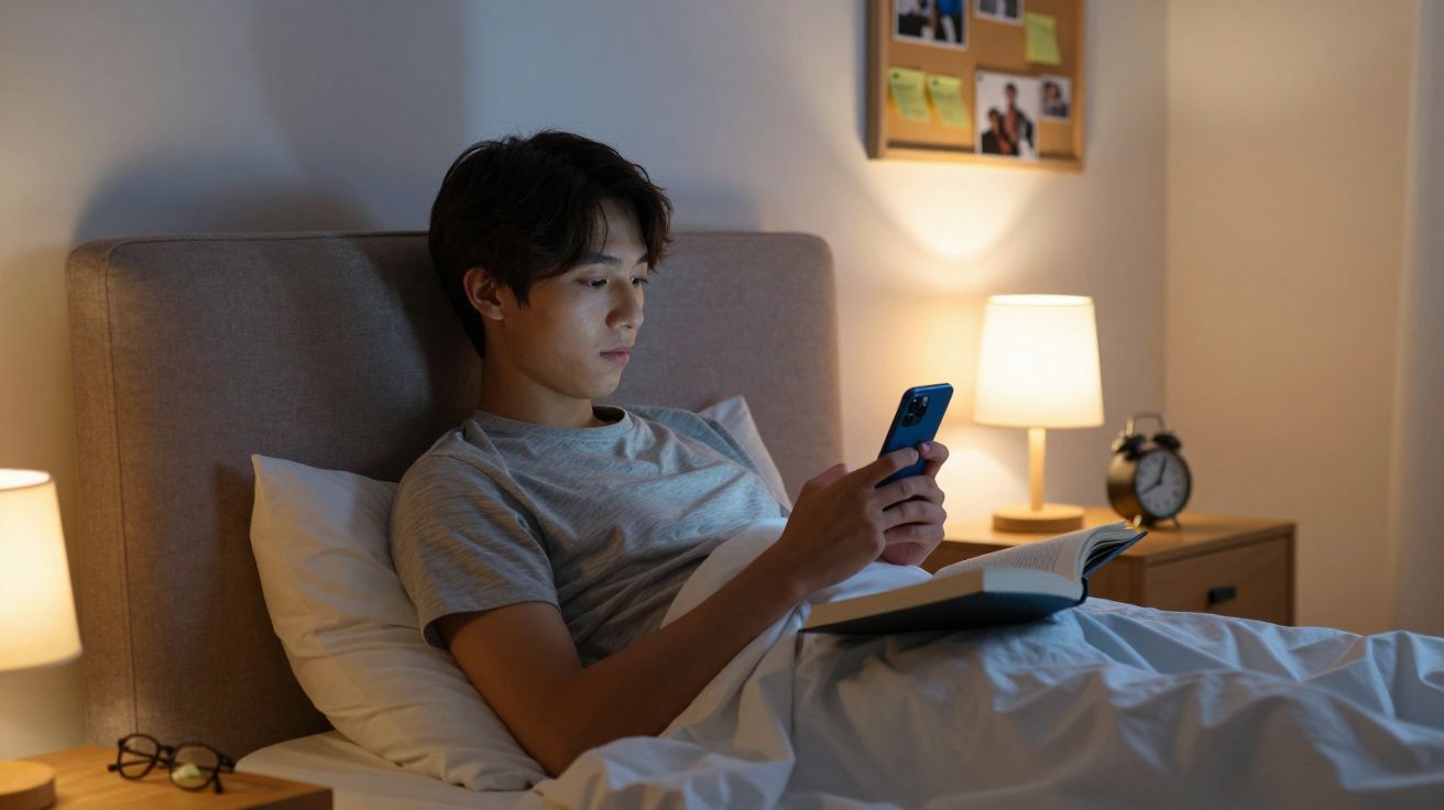 Jovem sentado na cama lendo celular com livro aberto em quarto iluminado por abajur à noite.