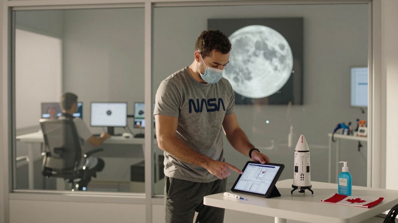 Homem com máscara usando tablet em sala com modelo de foguete, álcool em gel e bandeira do Canadá.