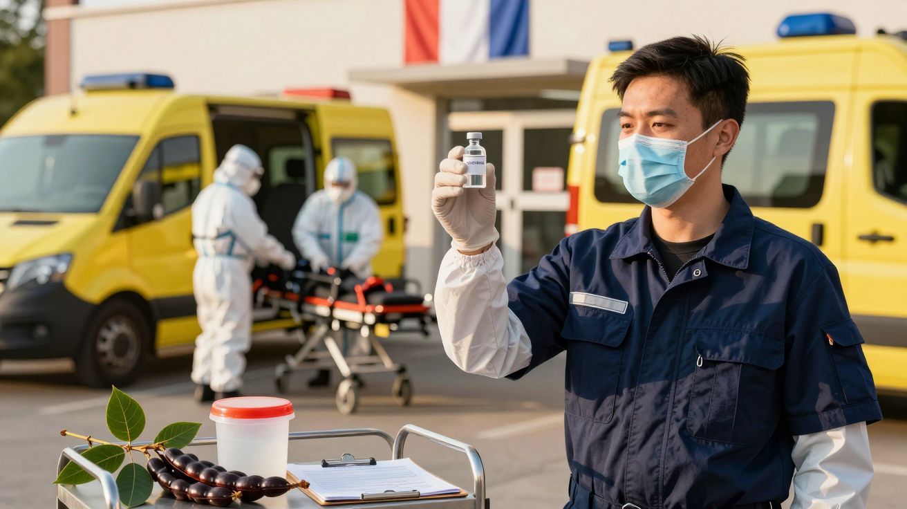 Homem com máscara segura frasco de vacina ao ar livre, com ambulâncias e profissionais de saúde ao fundo.