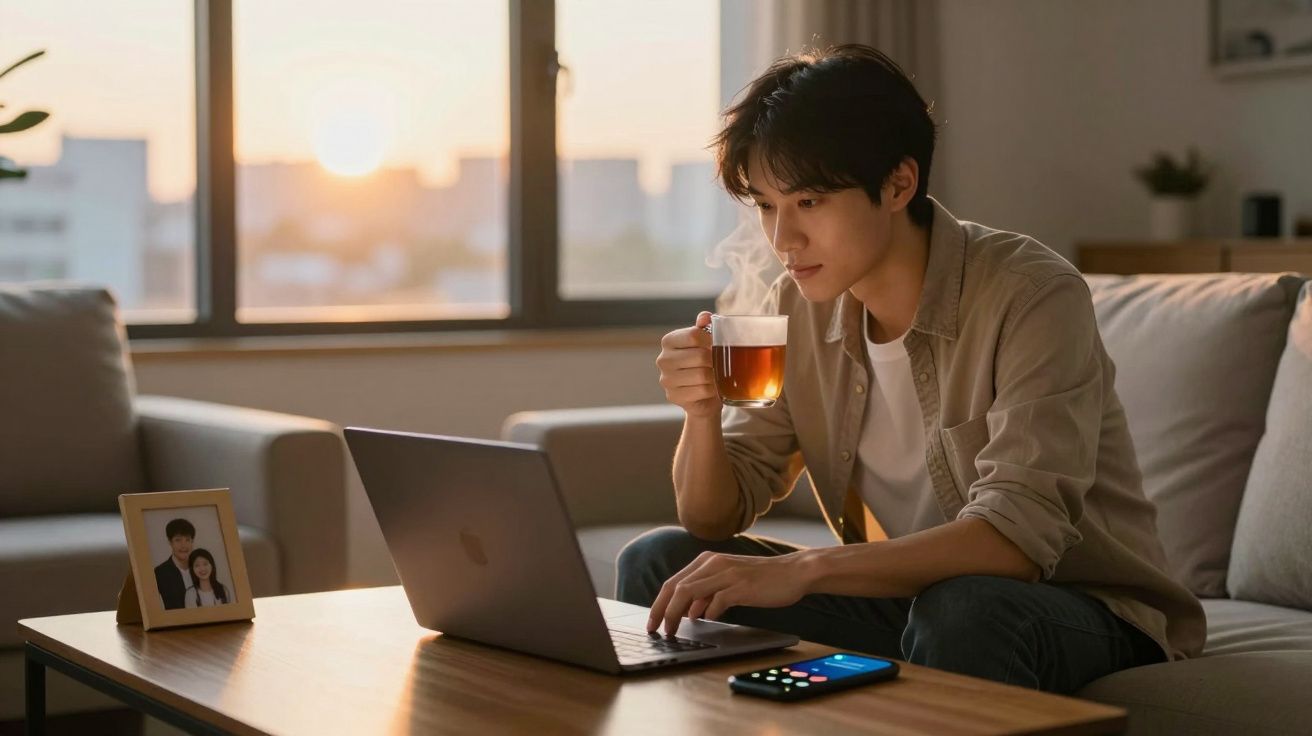 Homem sentado no sofá à noite, tomando chá quente enquanto usa um laptop na mesa de centro.