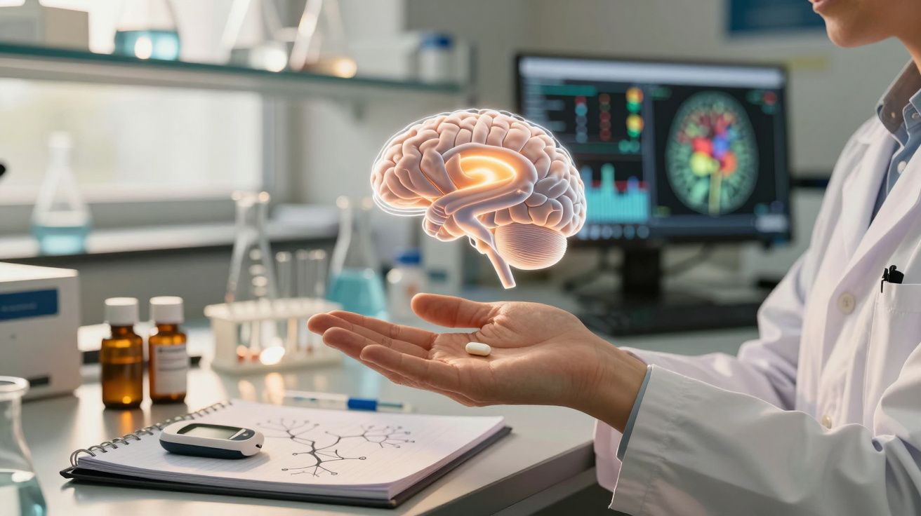 Médico com jaleco segurando um comprimido e imagem holográfica do cérebro em ambiente de laboratório.