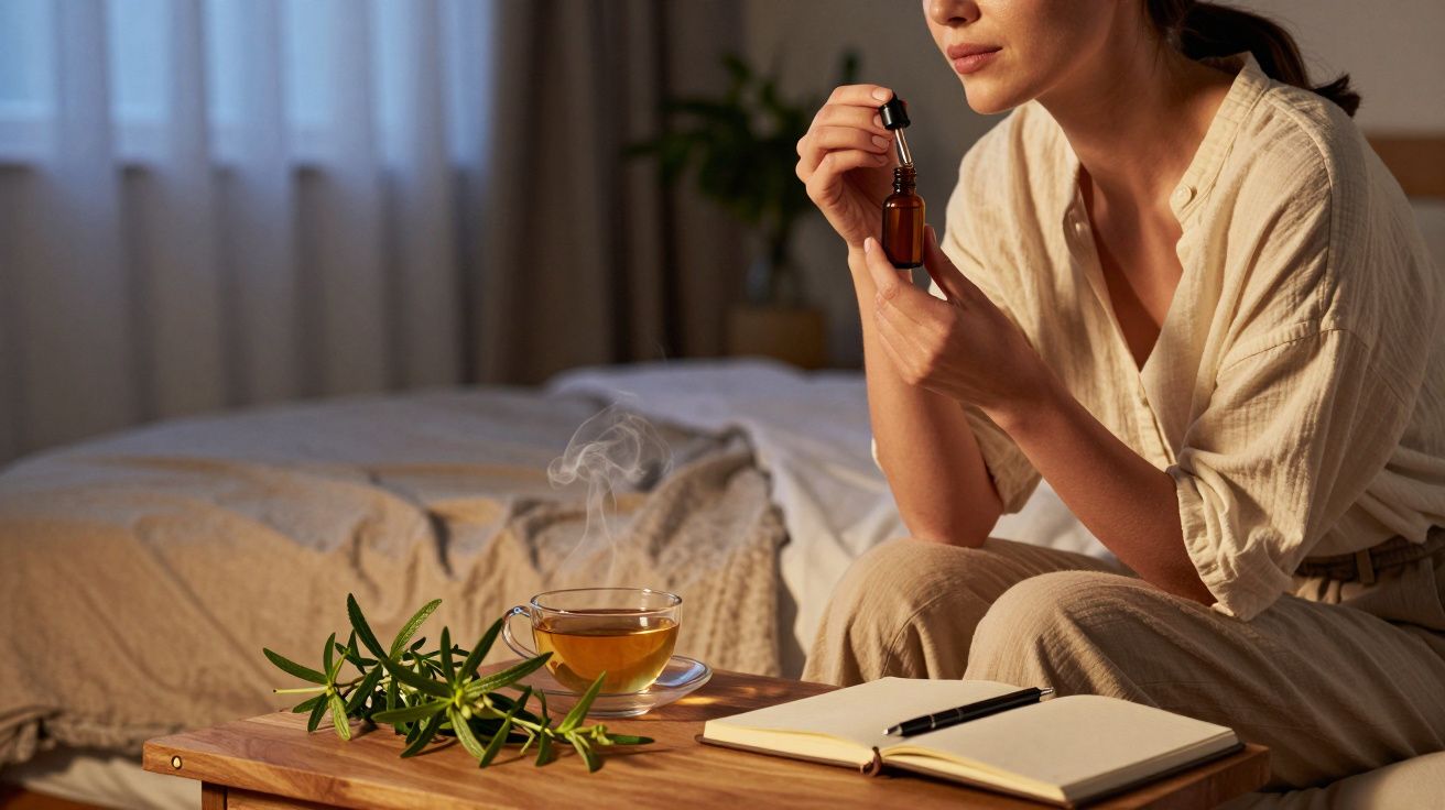 Mulher sentada segurando frasco com conta-gotas, chá quente, caderno e folhas verdes sobre mesa de madeira.