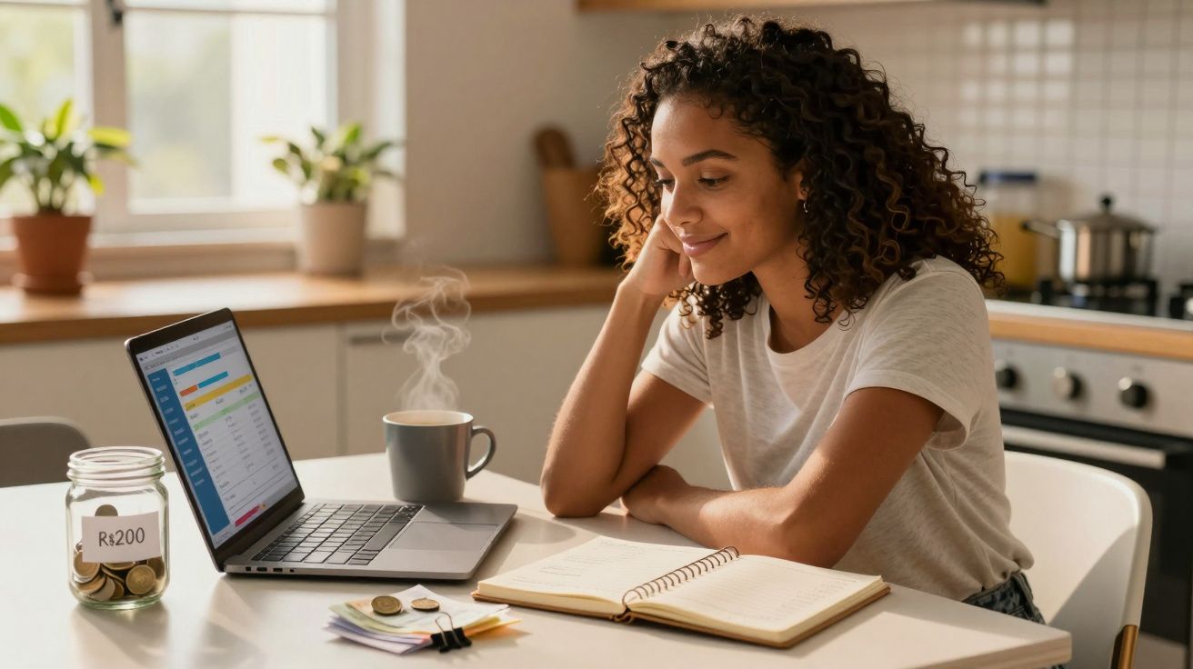 Mulher sorridente planejando finanças em casa com laptop, caderno, jarra de moedas e café fumegante.