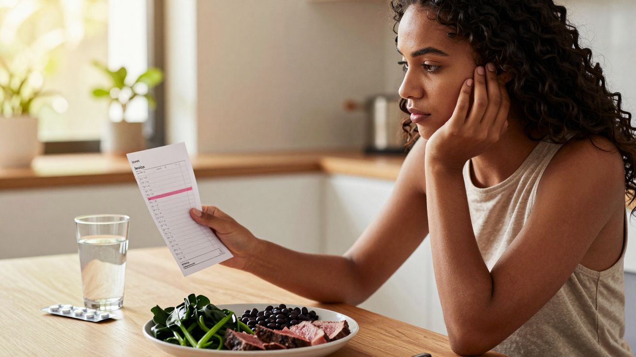 Mulher lendo rótulo nutricional sentada à mesa com prato de comida saudável e copo d'água.