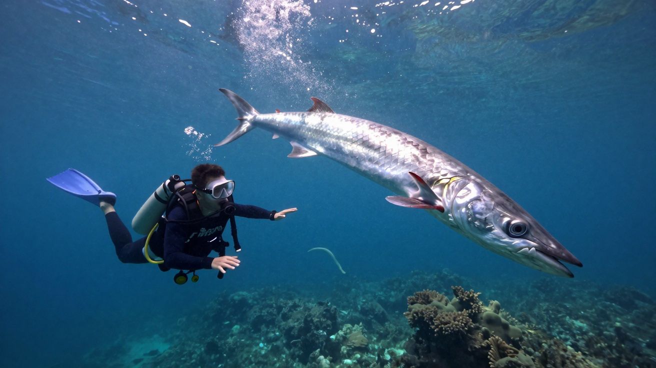 Mergulhador com equipamento completo aproximando-se de peixe comprido e prateado em recife subaquático.