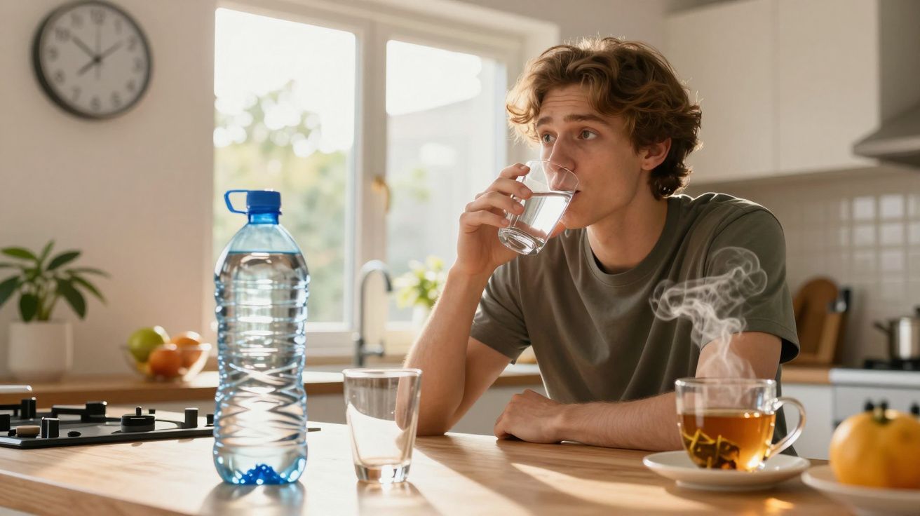 Jovem sentado na cozinha bebendo água de um copo, com garrafa d’água e chá quente na mesa.