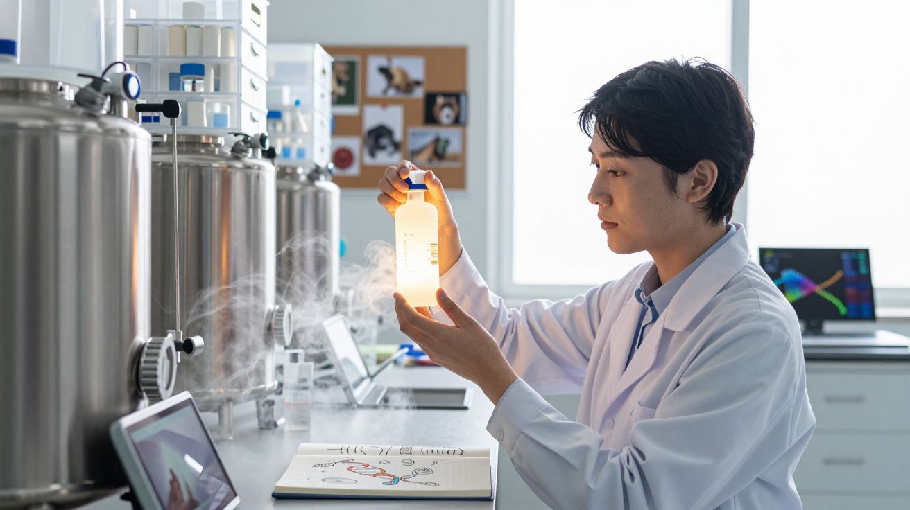 Cientista em jaleco branco analisa frasco iluminado em laboratório moderno com equipamentos e computador ao fundo.