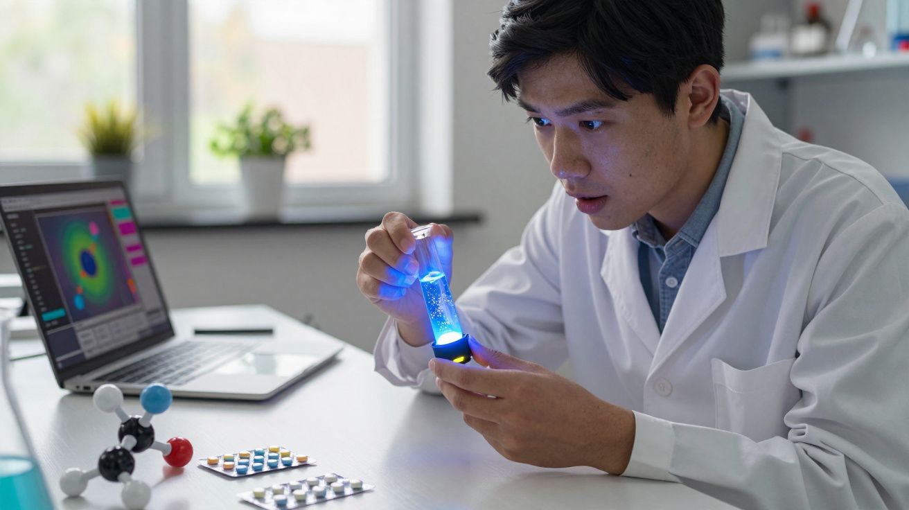 Pesquisador em laboratório examinando tubo de ensaio com líquido azul fluorescente sentado à mesa com laptop aberto.