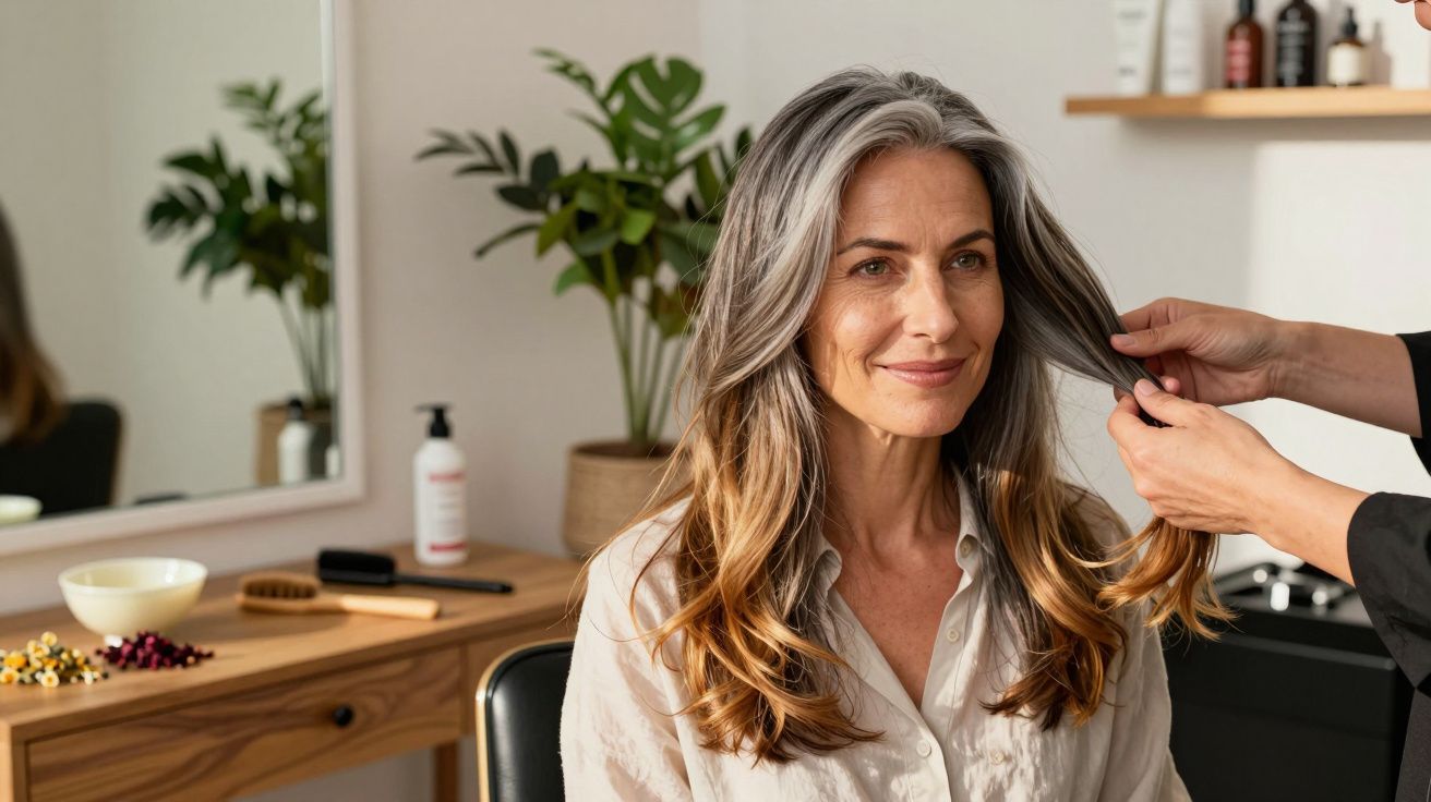 Mulher sorridente com cabelo longo sendo penteado por profissional em salão de beleza.