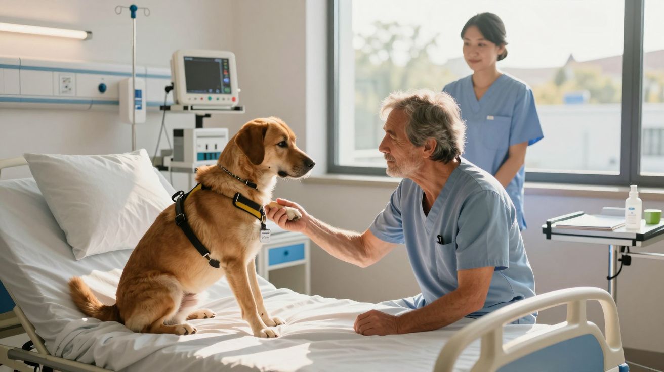 Paciente em hospital interage com cachorro de terapia, enquanto profissional de saúde observa ao fundo.