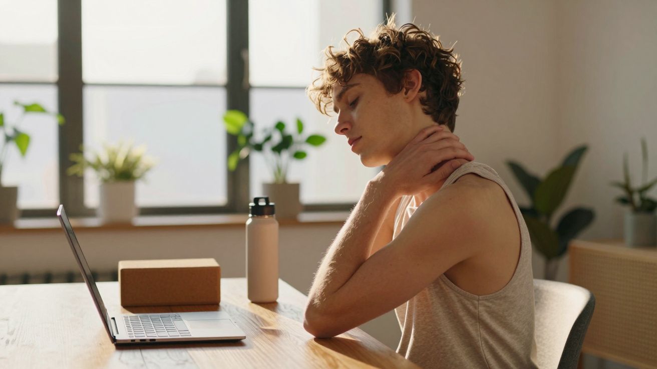 Jovem sentado em mesa com laptop, massageando o pescoço com expressão de desconforto em ambiente iluminado.