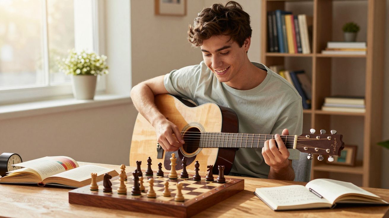 Jovem sorrindo toca violão sentado à mesa com tabuleiro de xadrez e livros abertos em ambiente iluminado.