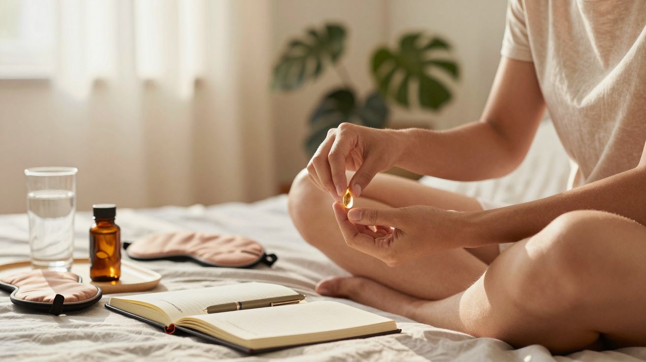 Pessoa sentada na cama, com livro aberto, óleo essencial, copo d’água e máscara para dormir ao lado.