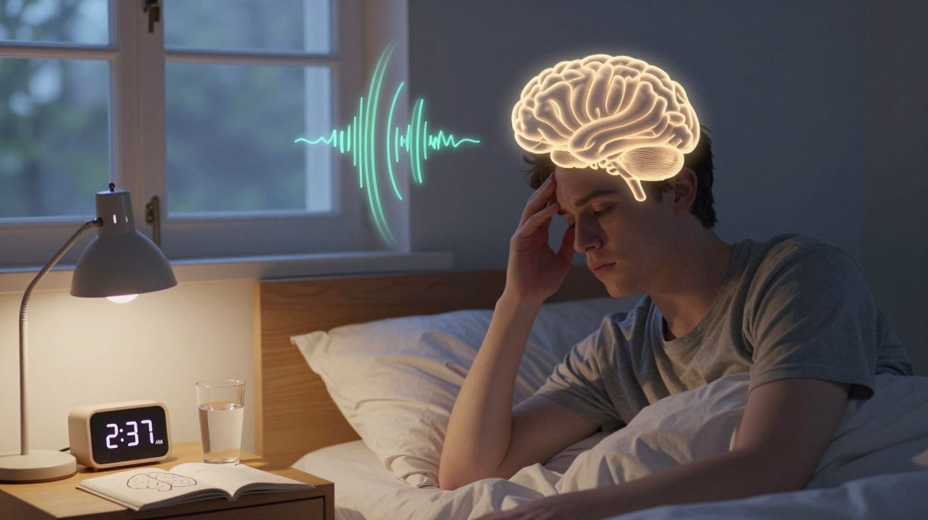 Homem na cama de madrugada com representação digital de cérebro e ondas sonoras próximas à cabeça.