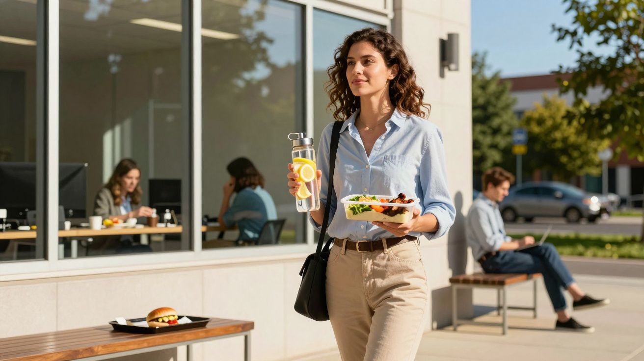 Mulher caminhando com garrafa de água com limão e marmita saudável em área externa de escritório.