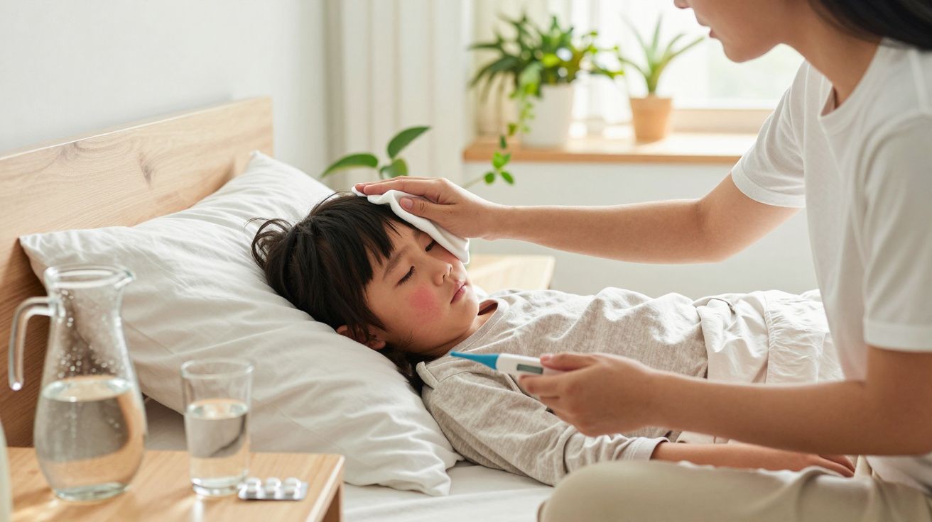 Criança deitada na cama com febre, sendo cuidada por adulto que segura termômetro e pano úmido.