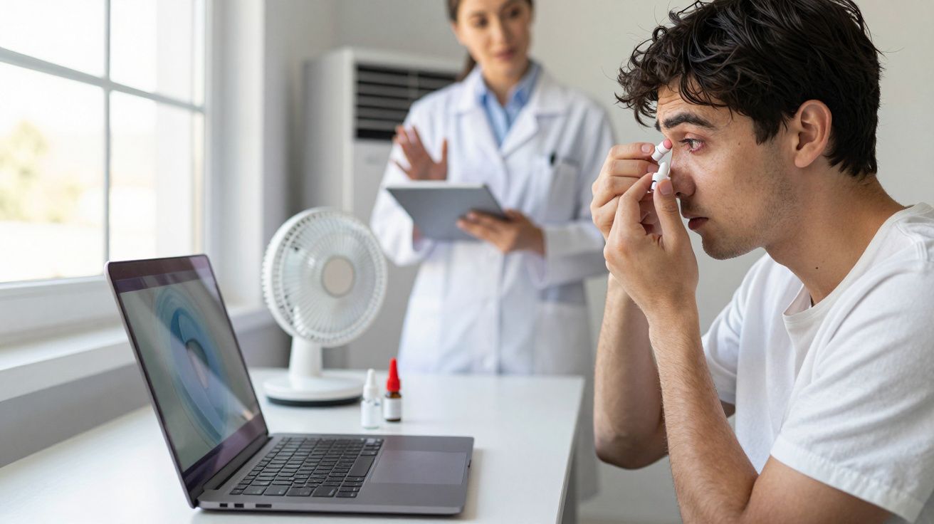 Homem aplicando colírio enquanto conversa com médica em consultório moderno.