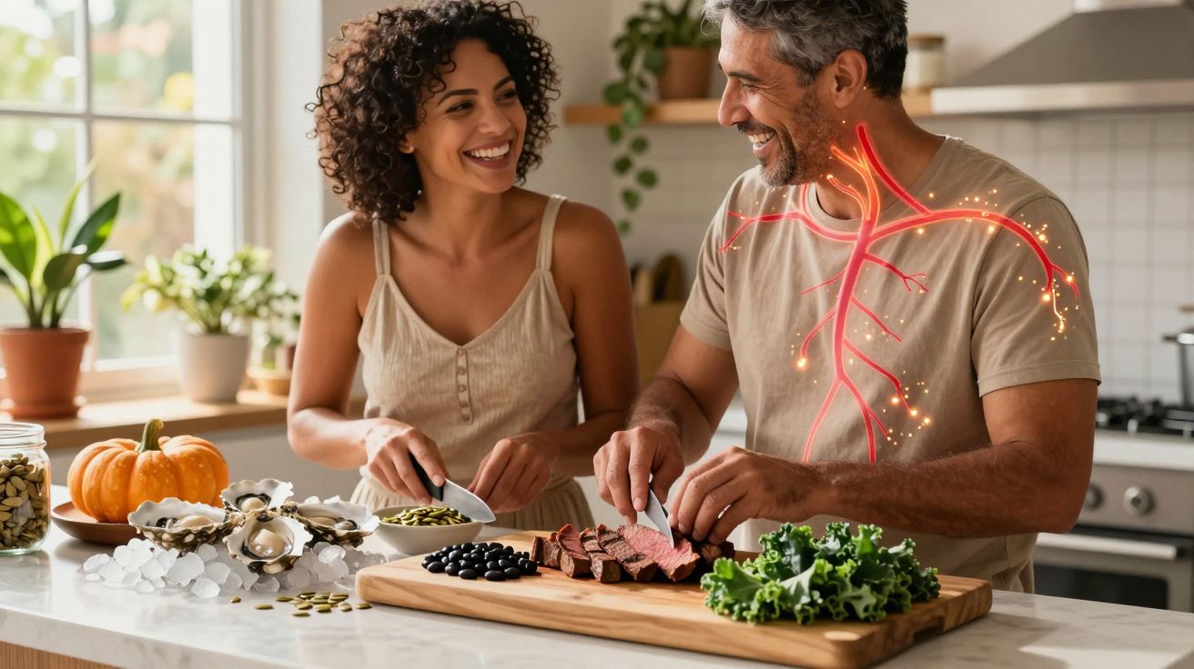 Casal sorridente cozinha junto, com ilustração de artérias destacadas no torso do homem.