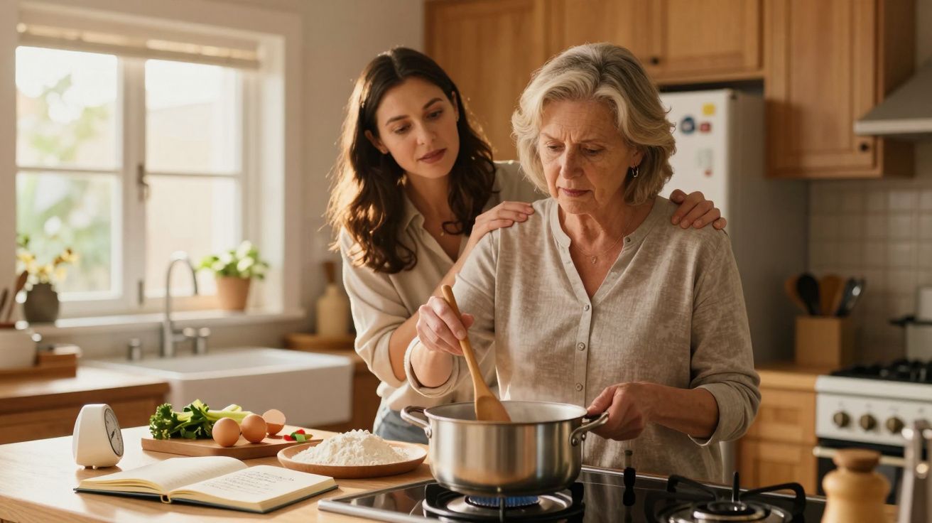 Mulher mais velha cozinhando com mulher mais jovem ao seu lado na cozinha iluminada pela janela.