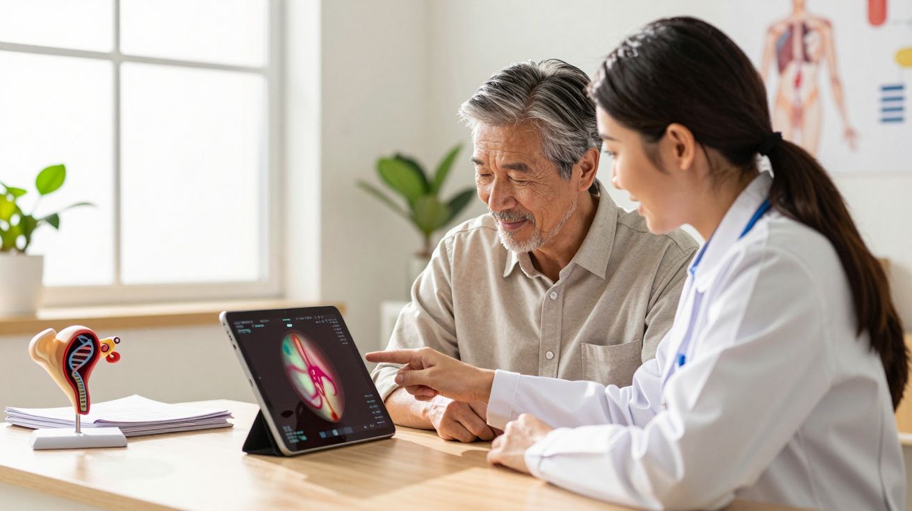 Médica mostra imagem de rim em tablet para paciente idoso em consultório iluminado e com modelo anatômico.