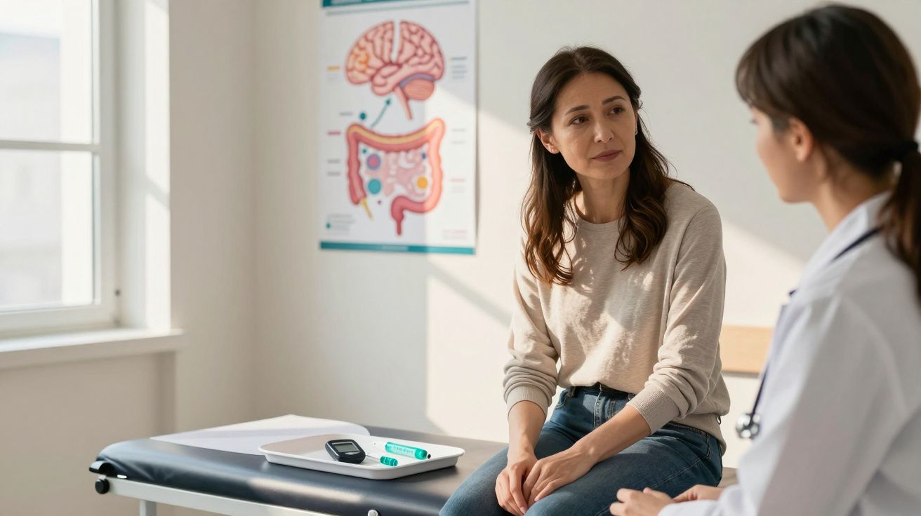 Paciente em consulta com médica, sentada em maca, com cartaz anatômico do sistema digestivo ao fundo.