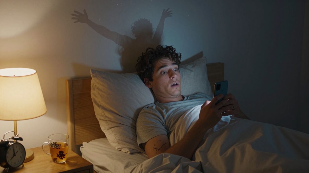 Homem deitado na cama olhando surpreso para o celular, com sombra que parece um monstro atrás dele na parede.