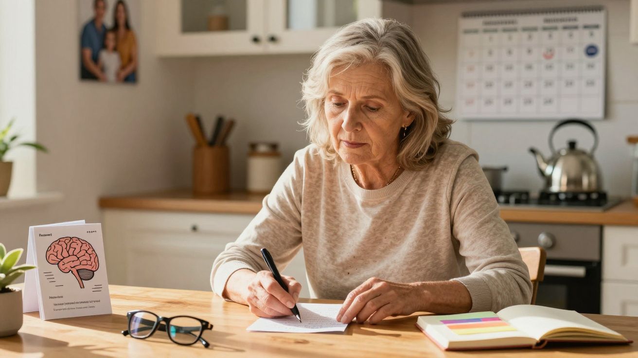 Idosa concentrada escrevendo em papel à mesa da cozinha, com livros, óculos e cartaz de cérebro ao lado.